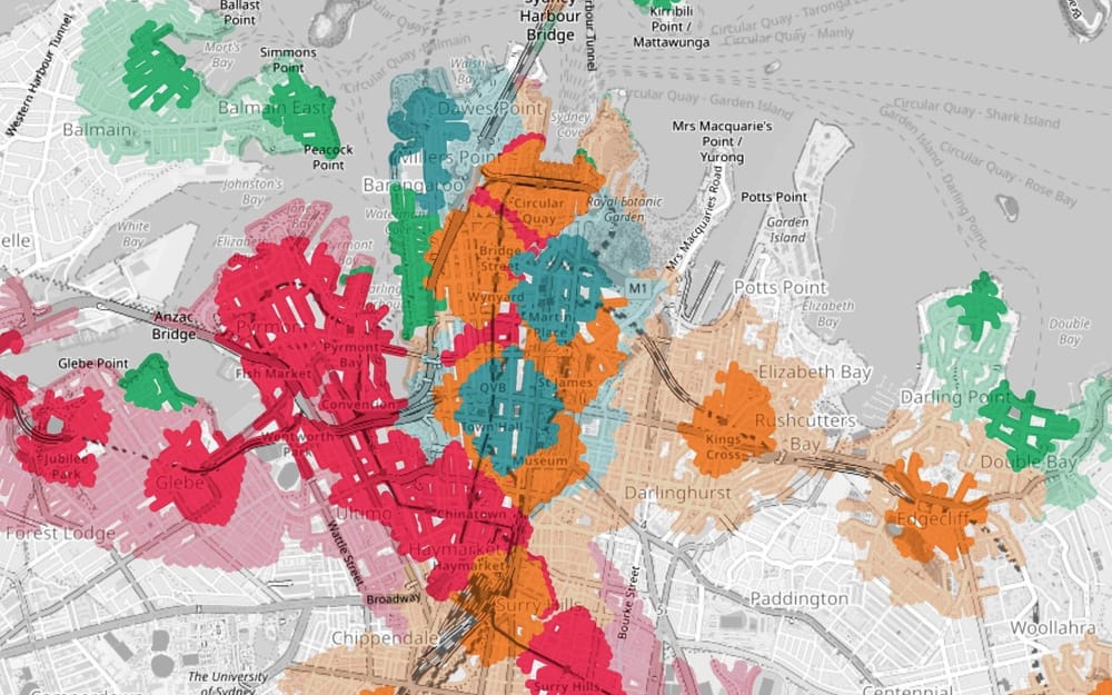PropCode LMR/TOD catchment map of inner Sydney, with colour-coded per-property uplift bands around stations and centres