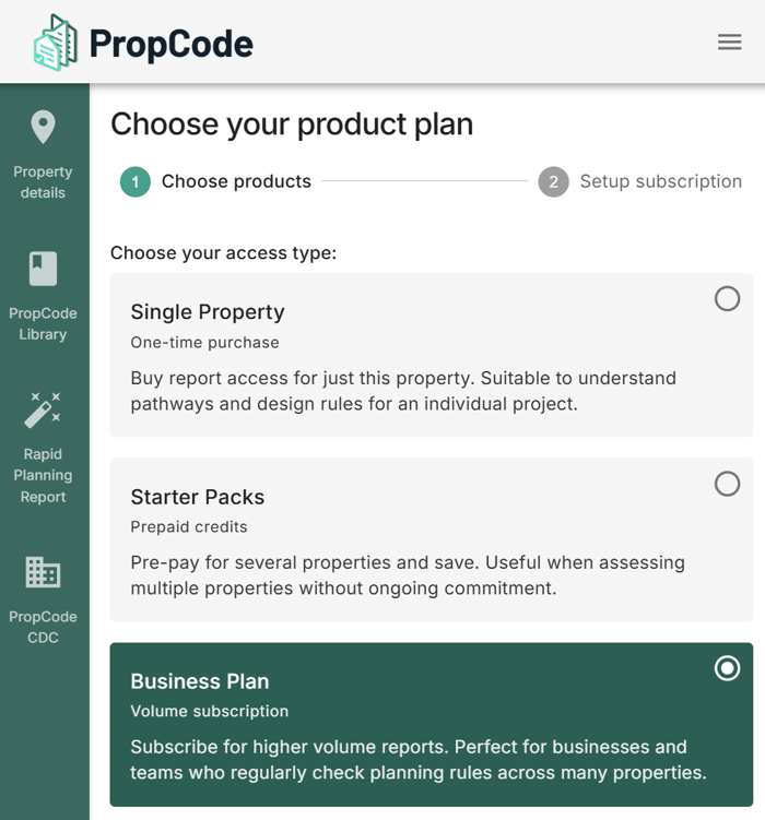 Choosing a PropCode product plan — Single Property, Starter Packs, or Business Plan subscription