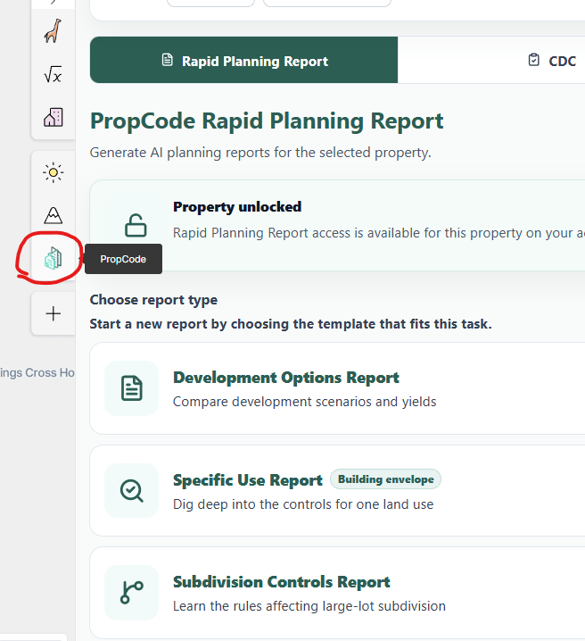 PropCode Rapid Planning Report open inside Giraffe, ready to choose a report type for the unlocked property