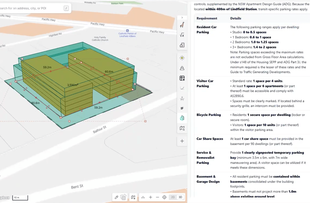 PropCode planning analysis alongside a 3D building envelope inside the Giraffe feasibility platform