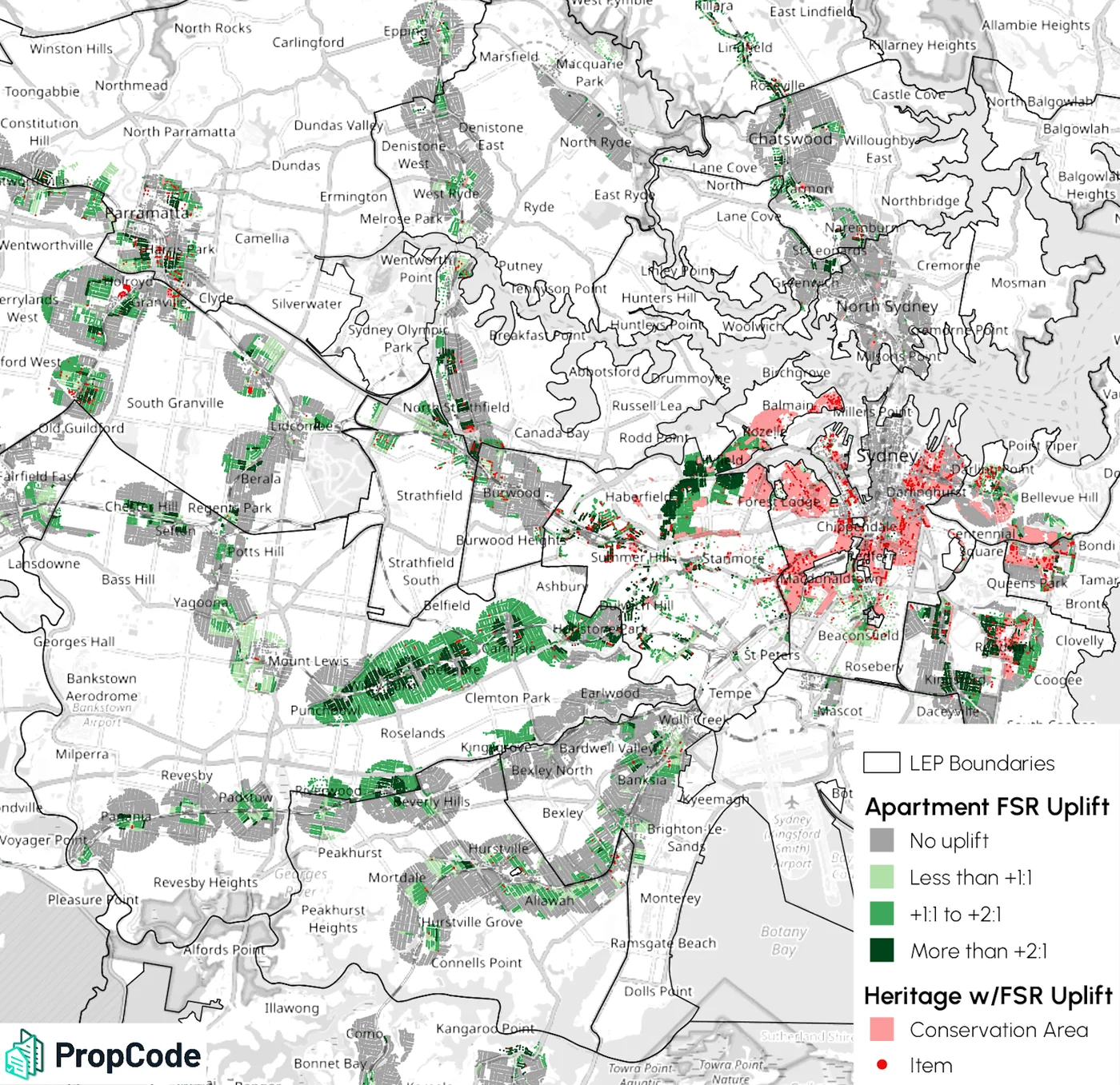 Map of Sydney showing apartment FSR uplift and heritage areas under the NSW Low and Mid Rise reform