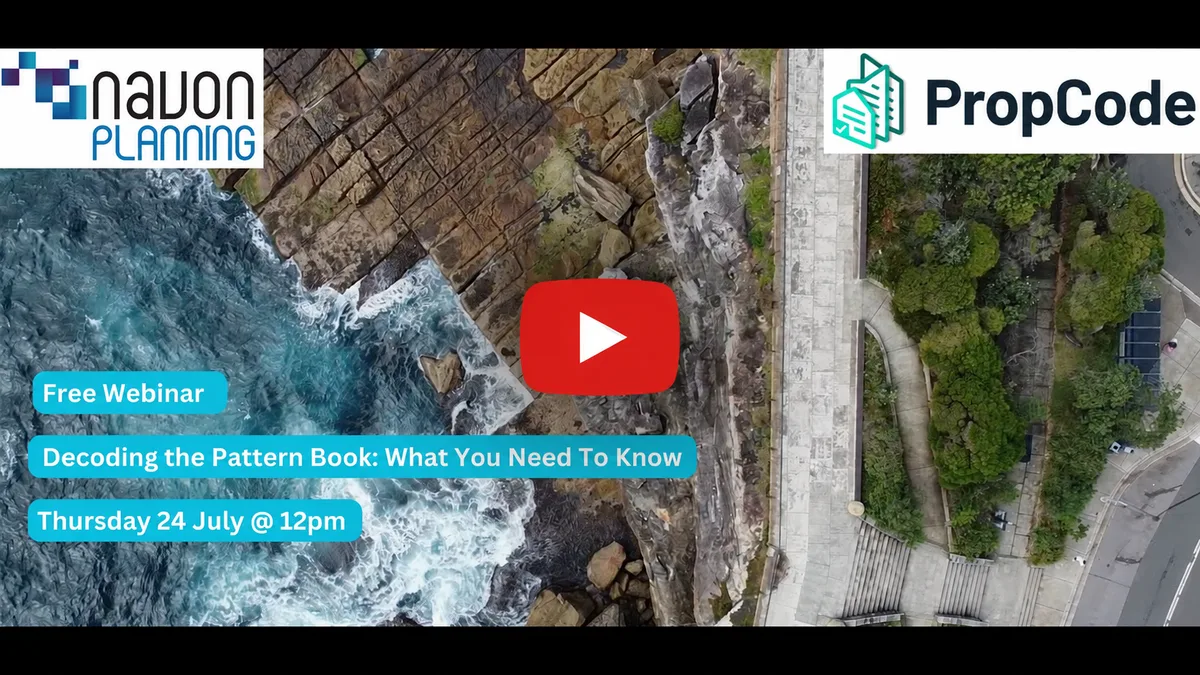 Aerial coastline with a YouTube play button for the NSW Pattern Book webinar