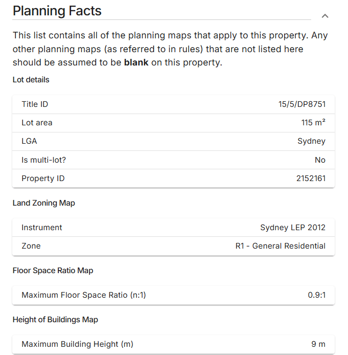 PropCode Rapid Planning Report — detailed property and planning facts summary with zone, lot area, overlays and constraints