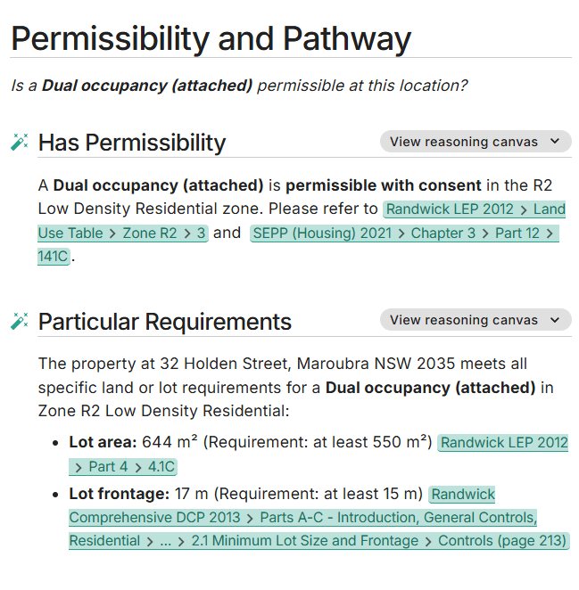 PropCode Rapid Planning Report — project permissibility verdict explained with cited clauses from the source documents