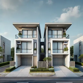 DALL·E 2025-01-06 17.51.59 - A modern residential duplex designed as a single two-storey building with a symmetrical layout, featuring two independent dwellings clearly separated .webp